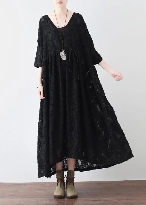 Summer Italian Black Chiffon Round Neck Holiday Dress