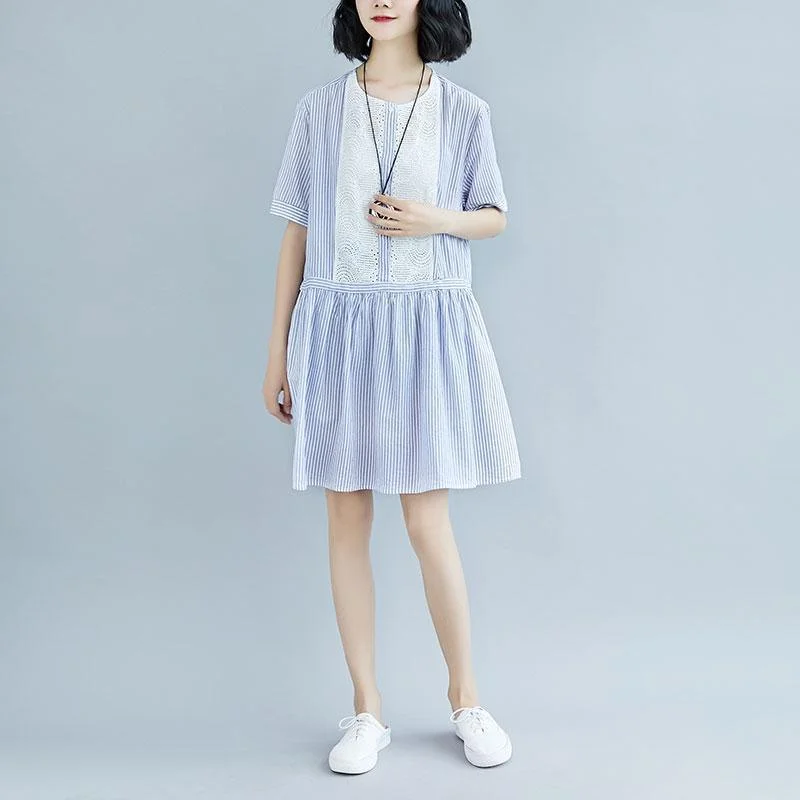 Summer Stripe Short  Sleeve Casual Hollow Dress