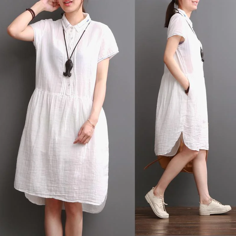 Summer white cotton dresses drawstring tunic cotton sundress