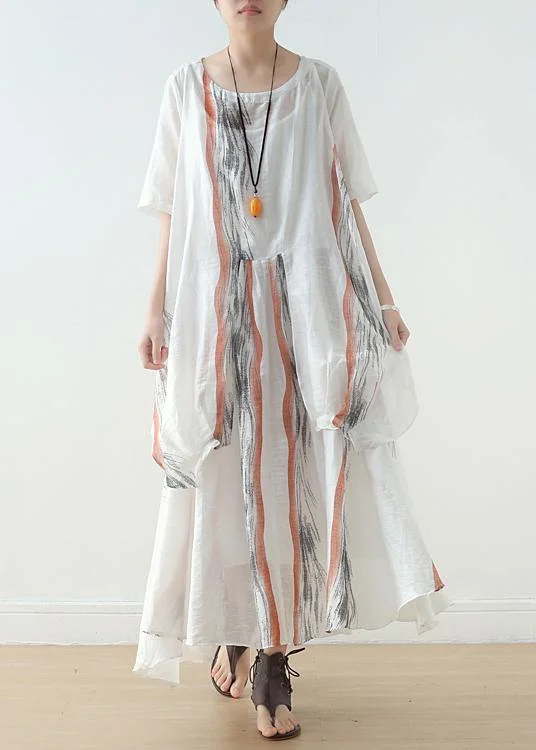 Summer Women White Chiffon Print O Neck Dress
