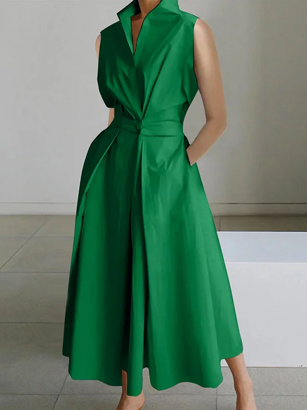 Sleeveless Solid Color Trendy Lapel Midi Dresses Comfortable Short Sleeve Midi Dress