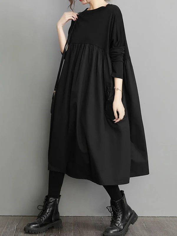 Simple Loose Black Split-Joint Modern Long Sleeves Midi Dress Fashionable Casual Midi Dress