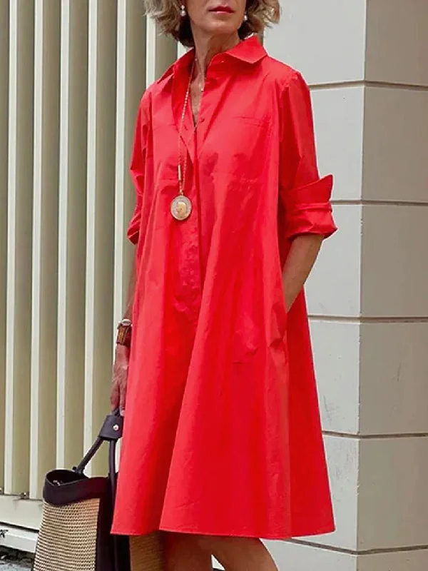 Simple Long Sleeves Solid Modern Color Lapel Midi Dress Stylish Long Sleeve Floral Midi Dress