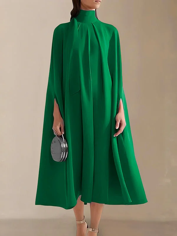 Simple Batwing Sleeves Lace-Up Modern Solid Color High-Neck Midi Dresses Trendy Tiered Hem Midi Dress