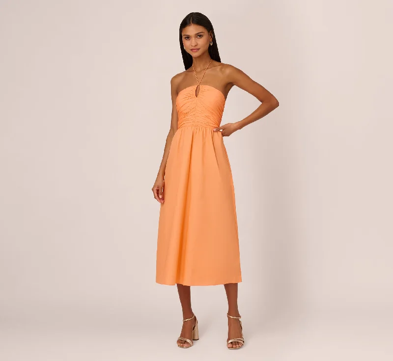 Tie Halter Midi Dress With Shirred Bodice In Apricot Sorbet Fashionable One-Shoulder Midi Dress