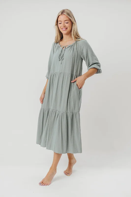 Avery Tiered Linen-Blend Midi Dress in Sage - Bump Friendly and Inclusive Sizing Trendy Long Sleeve Midi Dress