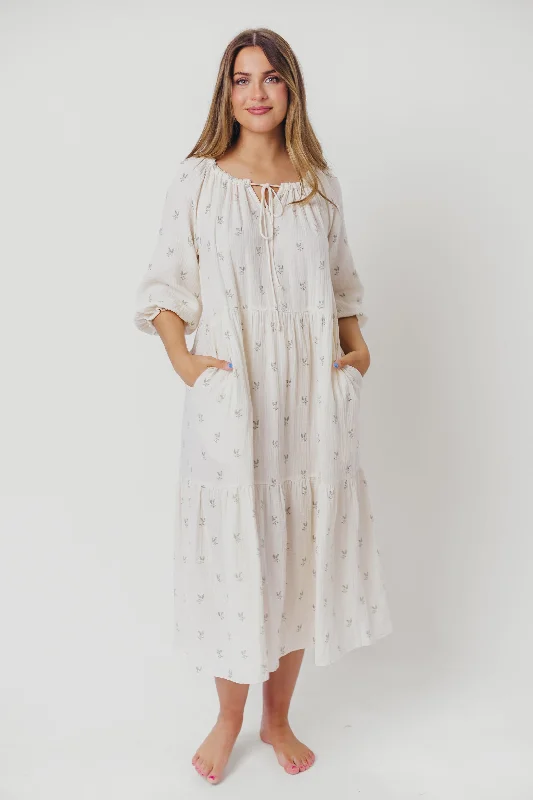 Avery Tiered Linen-Blend Midi Dress in Soy/Sage Foliage - Bump Friendly and Inclusive Sizing Elegant Maxi-Midi Hybrid Dress