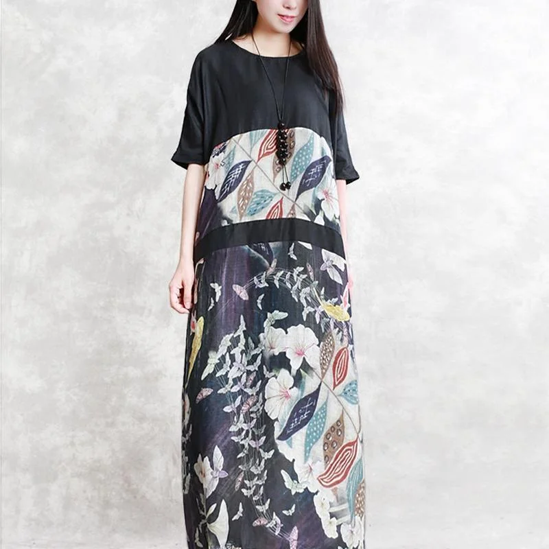 top quality black patchwork long linen dress casual prints caftans top quality o neck kaftans