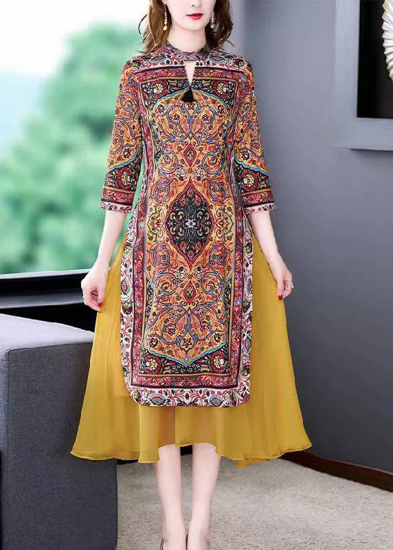 Top Quality Fitted Yellow Stand Collar Patchwork Print Chiffon Fake Two Piece Dress Summer