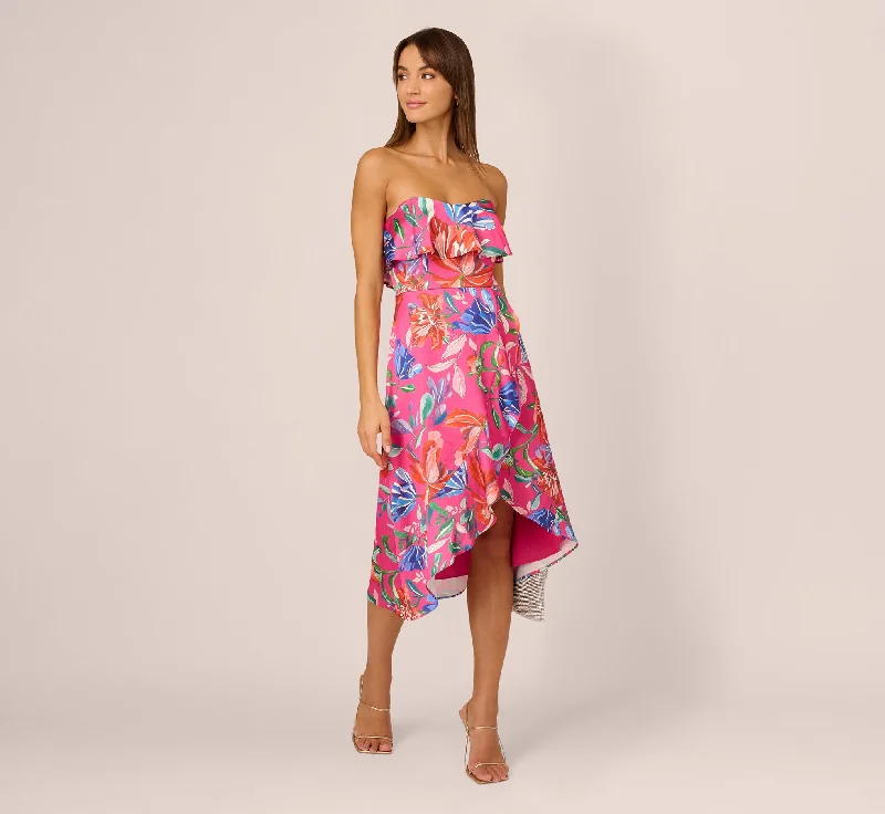 Tropical Floral Sateen Strapless Midi Dress With Ruffle Accent In Pink Multi Trendy Square Neck Midi Dress