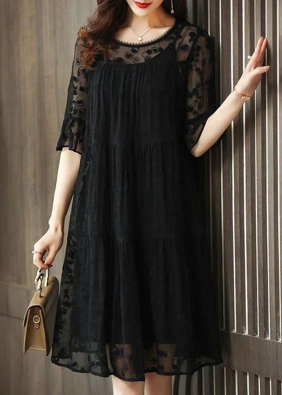 Unique Black O-Neck Embroideried Patchwork Tulle Dress Half Sleeve
