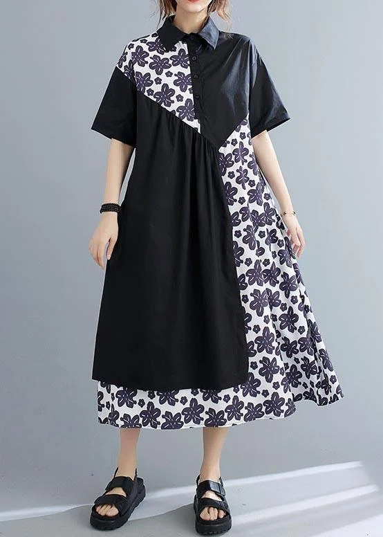 Unique Black Patchwork Print Peter Pan Collar Summer Chiffon Dress