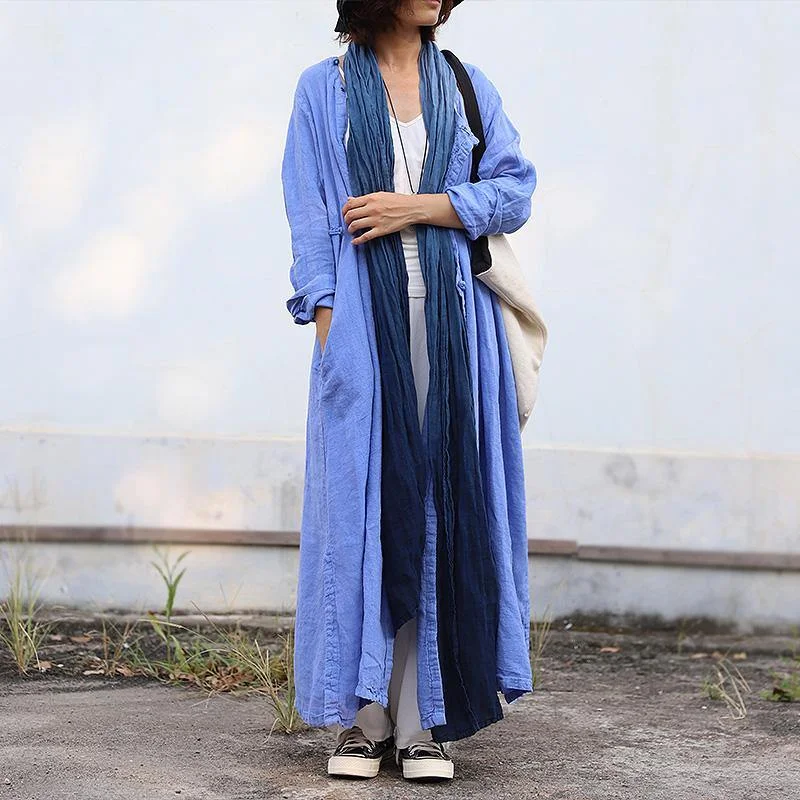 Unique embroidery side open linen quilting clothes Work blue Dress