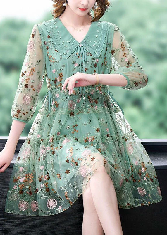 Unique Green Embroideried Ruffled Hollow Out Organza Cinch Dress