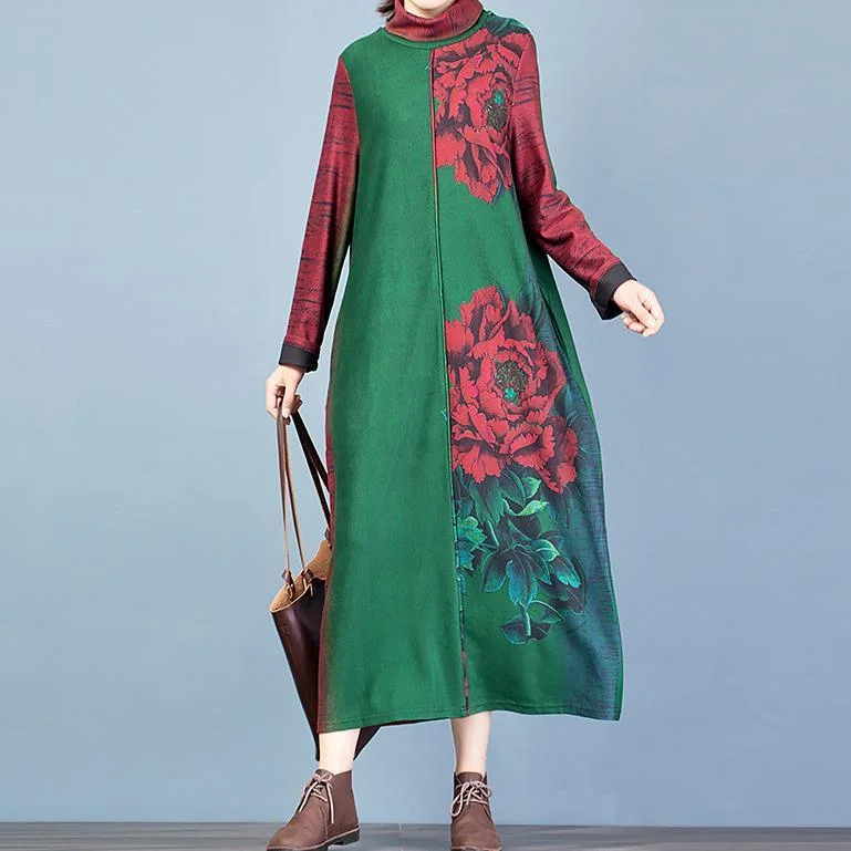 Unique high neck pockets cotton fall clothes Women Tutorials green print A Line Dresses