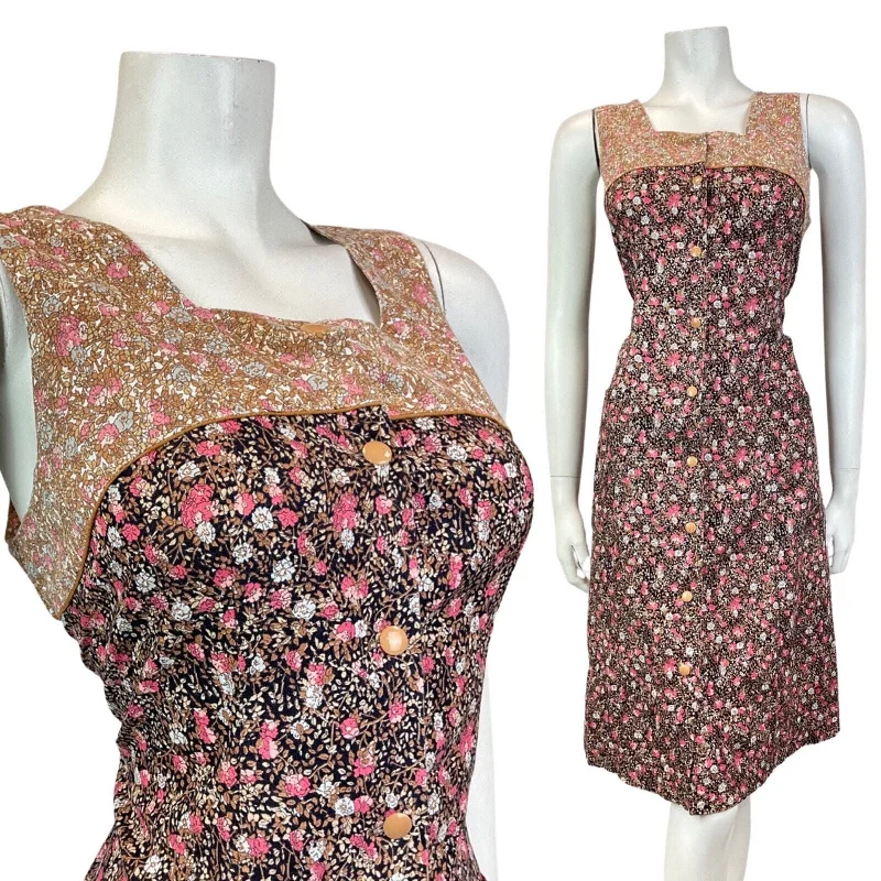 VINTAGE 60s 70s BLACK BROWN PINK DITSY FLOWER PINAFORE PINNY SUMMER DRESS 10 12