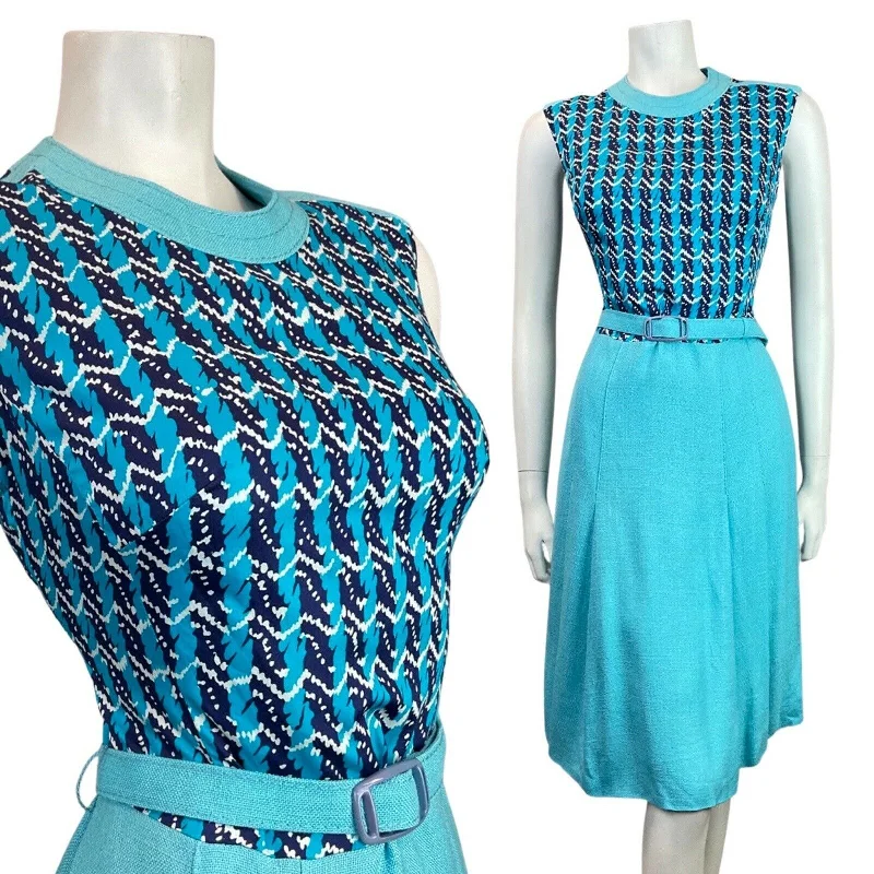 VINTAGE 60s 70s BLUE NAVY WHITE STRIPED ZIG-ZAG MOD BELTED DRESS 10 12