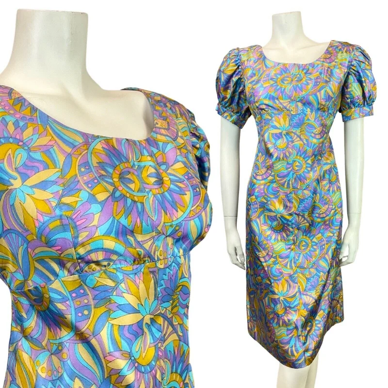 VINTAGE 60s 70s BLUE PURPLE GOLD PSYCHEDELIC PUFF SLEEVE EMPIRE SUMMER DRESS 14