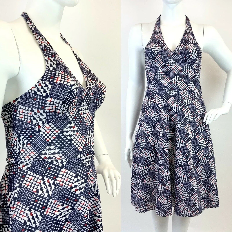 VINTAGE 60s 70s BLUE RED WHITE GEOMETRIC CHECKERBOARD MOD HALTER SUMMER DRESS 16