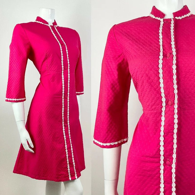 VINTAGE 60s 70s FUCHSIA PINK WHITE QUILTED DAISY MANDARIN COLLAR MOD DRESS 12