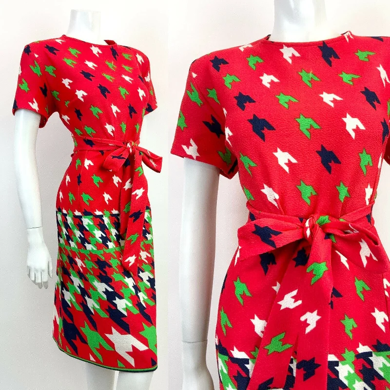 VINTAGE 60s 70s RED BLUE GREEN HOUNDSTOOTH DOGTOOTH MOD BELTED DRESS 14 16