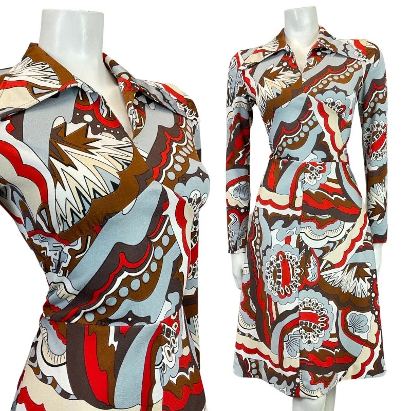 VINTAGE 60s 70s SILVER BROWN RED PSYCHEDELIC WAVY DAGGER COLLAR MOD DRESS 10