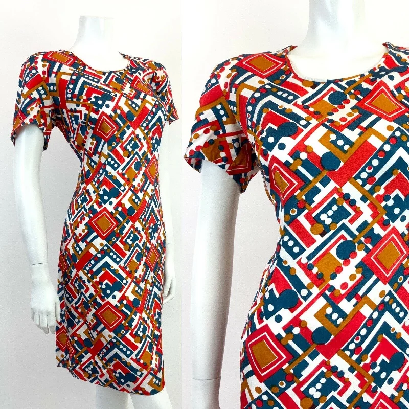 VINTAGE 60s 70s WHITE BLUE RED BRONZE GEOMETRIC DOTTY MOD DRESS 12 14
