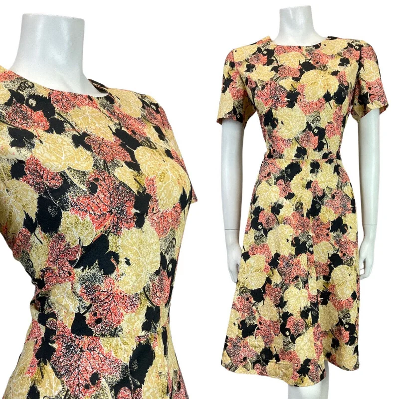 VINTAGE 60s 70s YELLOW BLACK RED AUTUMNAL LEAFY MOD SWING DRESS 14 16