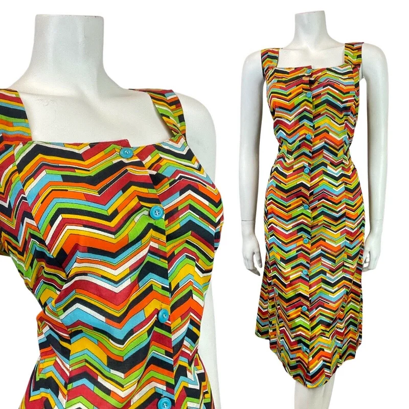 VINTAGE 60s 70s YELLOW MULTI-COLOUR ZIG-ZAG GEOMETRIC PINAFORE PINNY DRESS 12 14