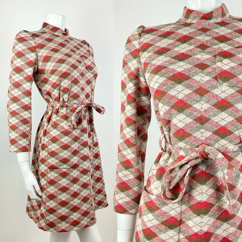 VINTAGE 70s CREAM RED GREEN ARGYLE DIAMOND CHECKED MOD LANVIN DRESS 12 14