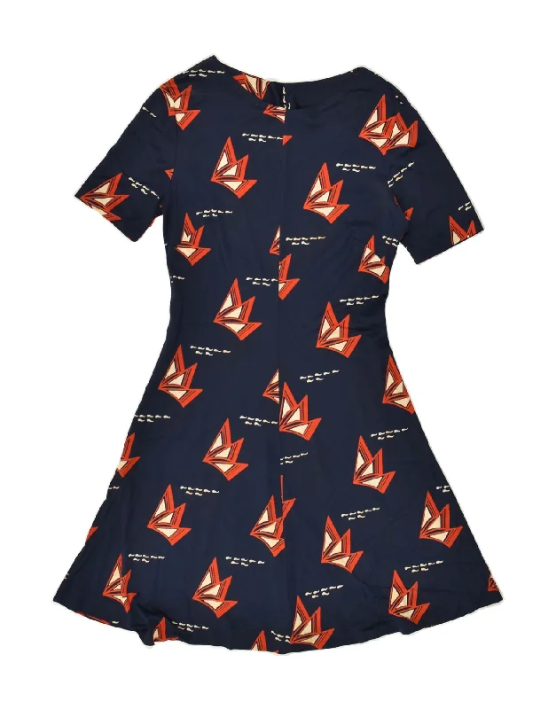VINTAGE Womens Abstract Pattern A-Line Dress UK 10 Small Navy Blue