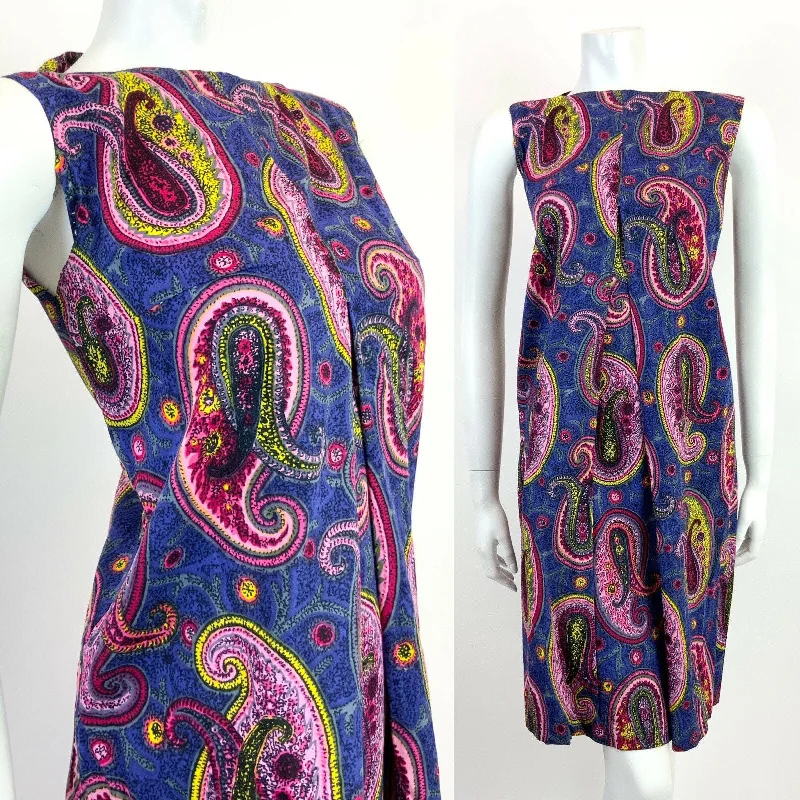 VTG 60s 70s BLUE PINK YELLOW PSYCHEDELIC PAISLEY MOD SHIFT  A-LINE DRESS 10 12