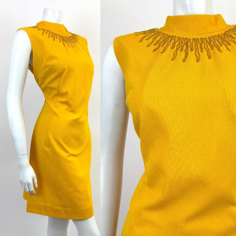 VTG 60s 70s BUTTERCUP YELLOW GOLD EMBROIDERED STUDIO 54 GLAM WIGGLE DRESS 16