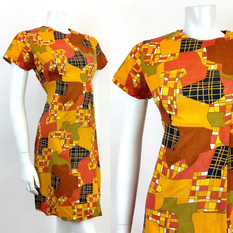 VTG 60s 70s ORANGE YELLOW RED BLACK PSYCHEDELIC CHECKED ABSTRACT MOD DRESS 12