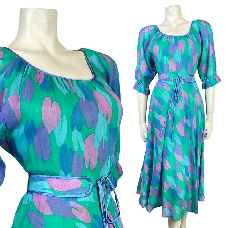 VTG 70s 80s GREEN BLUE PURPLE TULIP ABSTRACT BELTED BLOUSON SWING DRESS 10 12