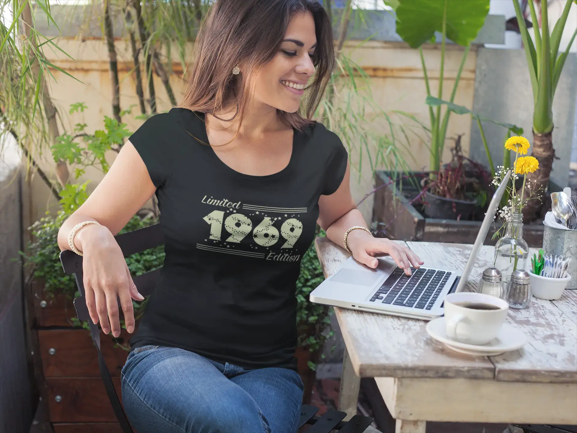 1969 Limited Edition Star, Women's T-shirt, Black, Birthday Gift 00383 Ribbed Striped Patterned 1969 Limited Edition Star, Women's T-shirt, Black, Birthday Gift 00383 Ribbed Striped Patterned