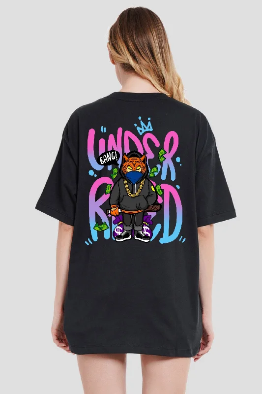 Bang Black Printed T-Shirt Women Oversized Fit Ribbed Striped Patterned