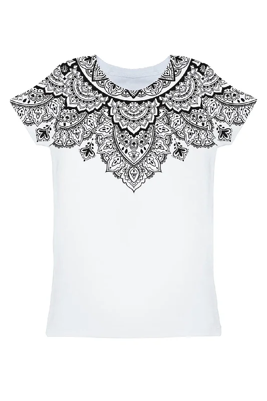 Black Nirvana Zoe White Geometric Boho Print Designer T-Shirt - Women Knit Fabric Woven Fabric Fleece Fabric Black Nirvana Zoe White Geometric Boho Print Designer T-Shirt - Women Knit Fabric Woven Fabric Fleece Fabric