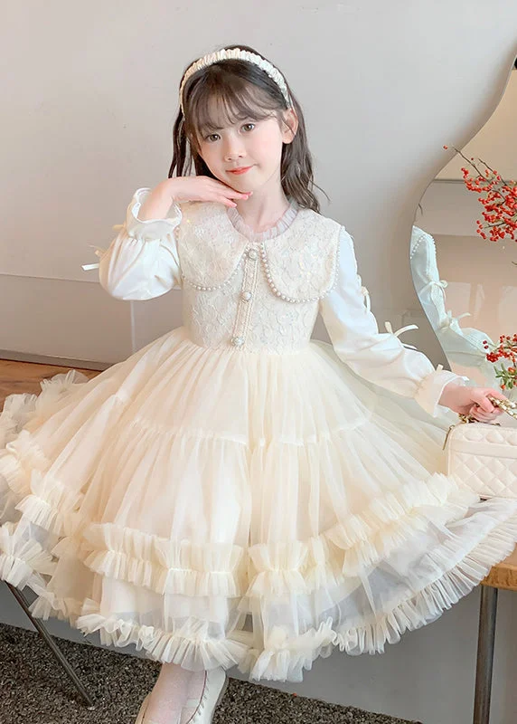 Classy Champagne Ruffled Nail Bead Tulle Patchwork Kids Maxi Dresses Fall QV040 Elegant Tiered Maxi Dress