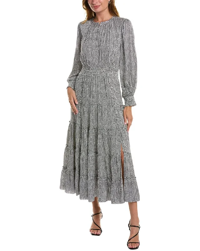 Elie Tahari Smocked Silk-Blend Maxi Dress Trendy Maxi Dress with Belt