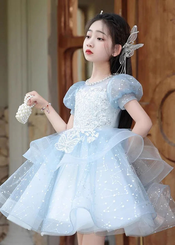 Fine Blue Nail Bead Bow Tulle Girls Maxi Dresses Summer QV008 Fashionable Layered Maxi Dress