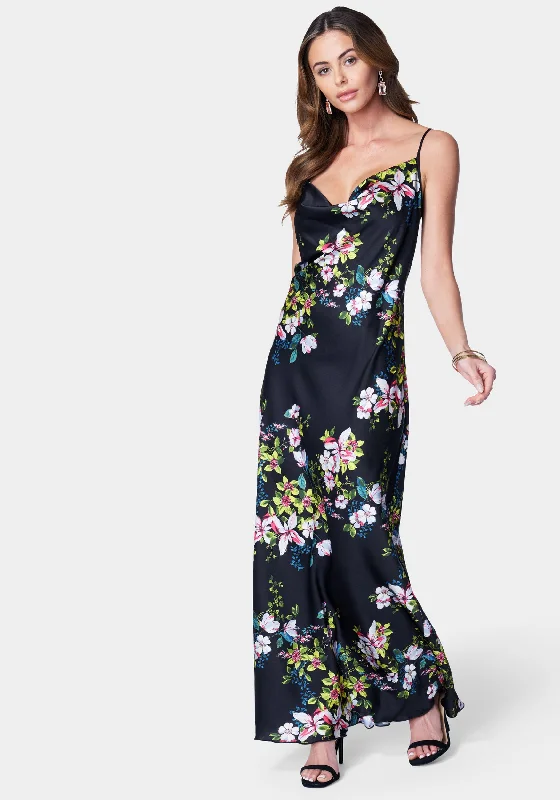 Floral Cowl Neck Maxi Dress Trendy Fit-and-Flare Maxi Dress