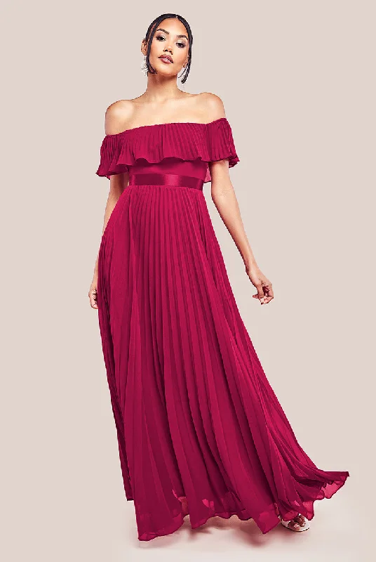 Goddiva Pleated Chiffon Off Shoulder Maxi Dress - Burgundy Elegant Sleeveless Maxi Dress