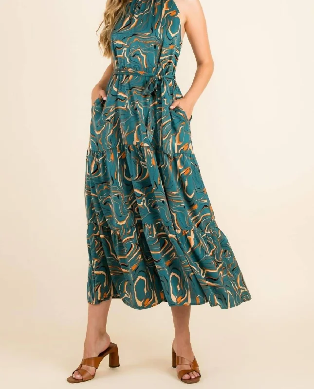 Halter Abstract Print Maxi Dress in Teal Cozy Spaghetti Strap Maxi Dress