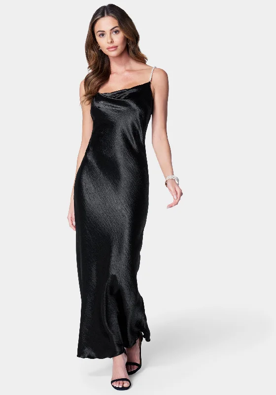 Hammered Satin Cowl Neck Pearl Strap Maxi Dress Cozy Cold-Shoulder Maxi Dress