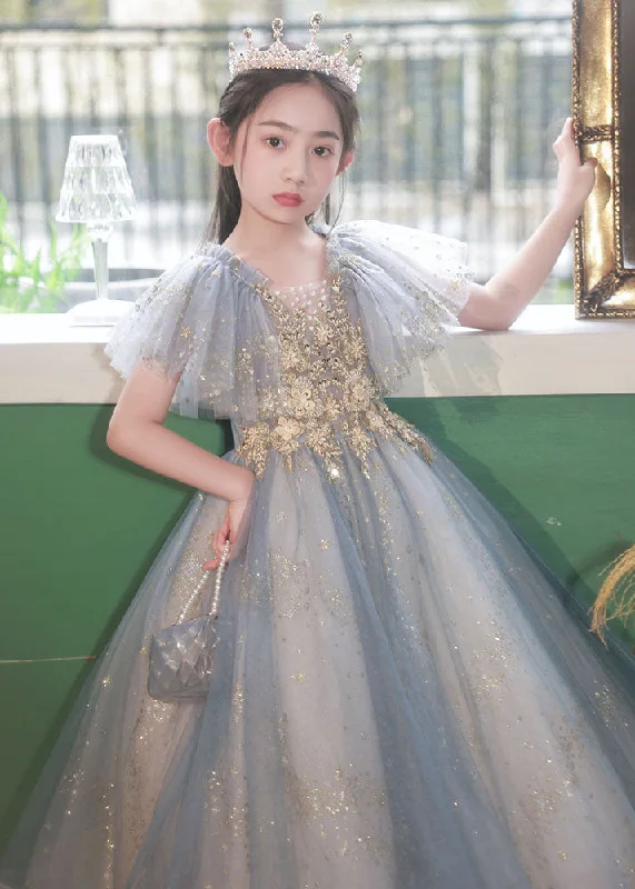 Handmade Little Grey V Neck Sequins Patchwork Tulle Girls Maxi Dress Summer QV019 Fashionable Sheer Maxi Dress