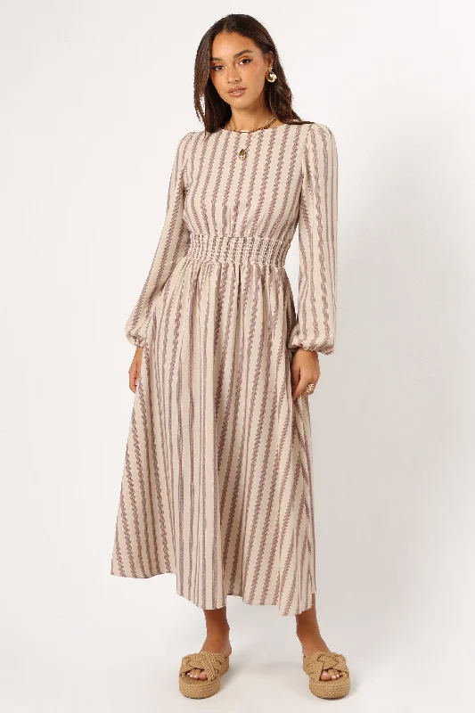 Jimi Long Sleeve Maxi Dress - Brown Stripe Trendy Maxi Dress with Belt