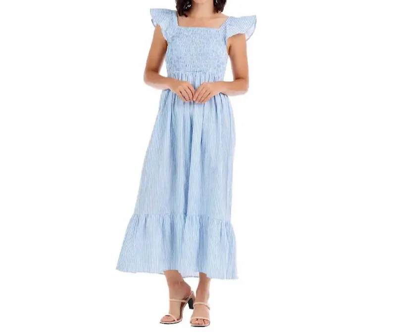 Keya Smocked Maxi Dress In Blue Elegant Maxi Dress with Pockets