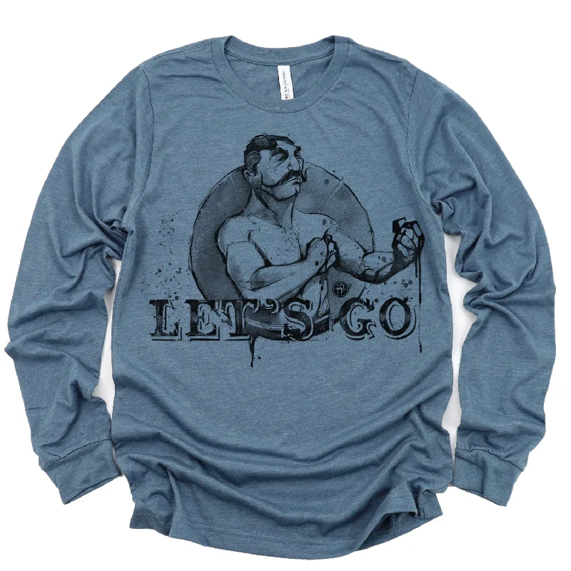Let's Go Boxer Long Sleeve T-shirt: Vintage Bare-Knuckle Swagger Asymmetrical Pockets Print Let's Go Boxer Long Sleeve T-shirt: Vintage Bare-Knuckle Swagger Asymmetrical Pockets Print