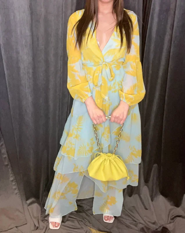 Long Sleeve Print Maxi Dress In Yellow Trendy Printed Maxi Dress